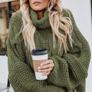 Fall solid turtleneck high neck balloon long sleeve sweater
